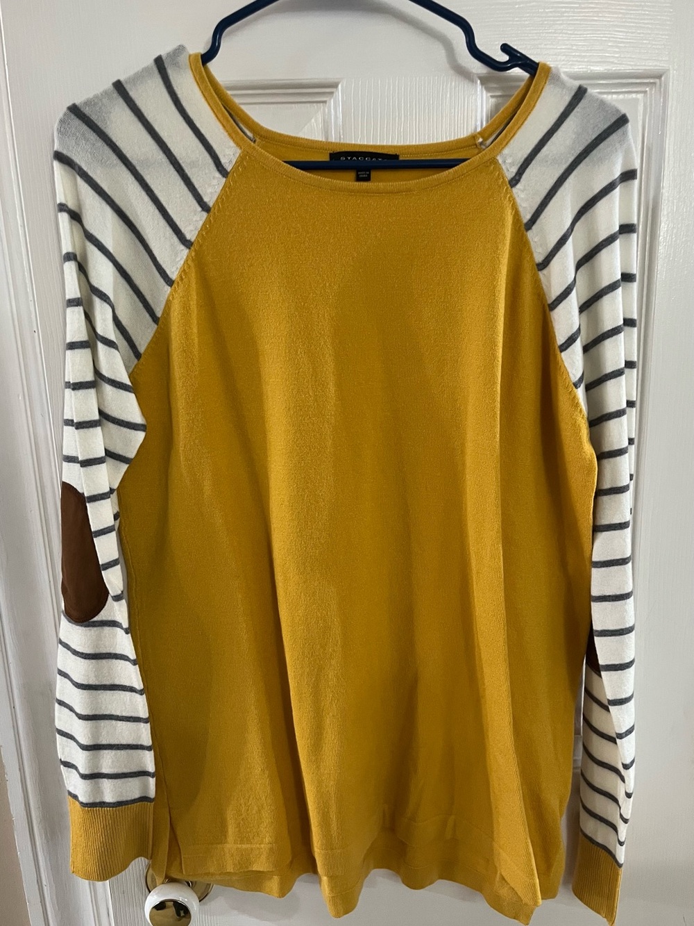 Staccato Mustard Raglan Stripe Long-Sleeve Top with Brown Elbow Patches